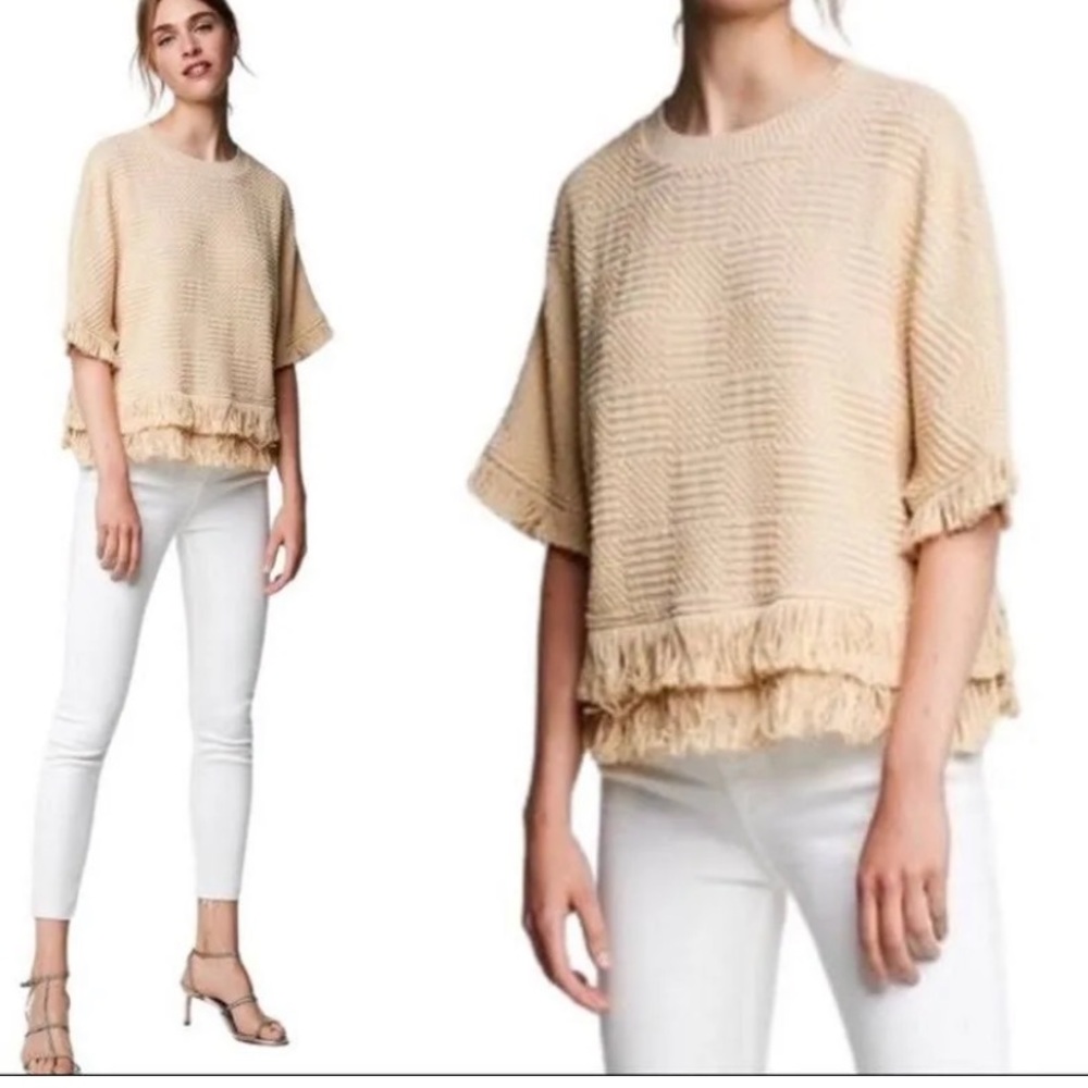 ZARA TAN TEXTURED TERRY BOHO FRINGED SWEATER